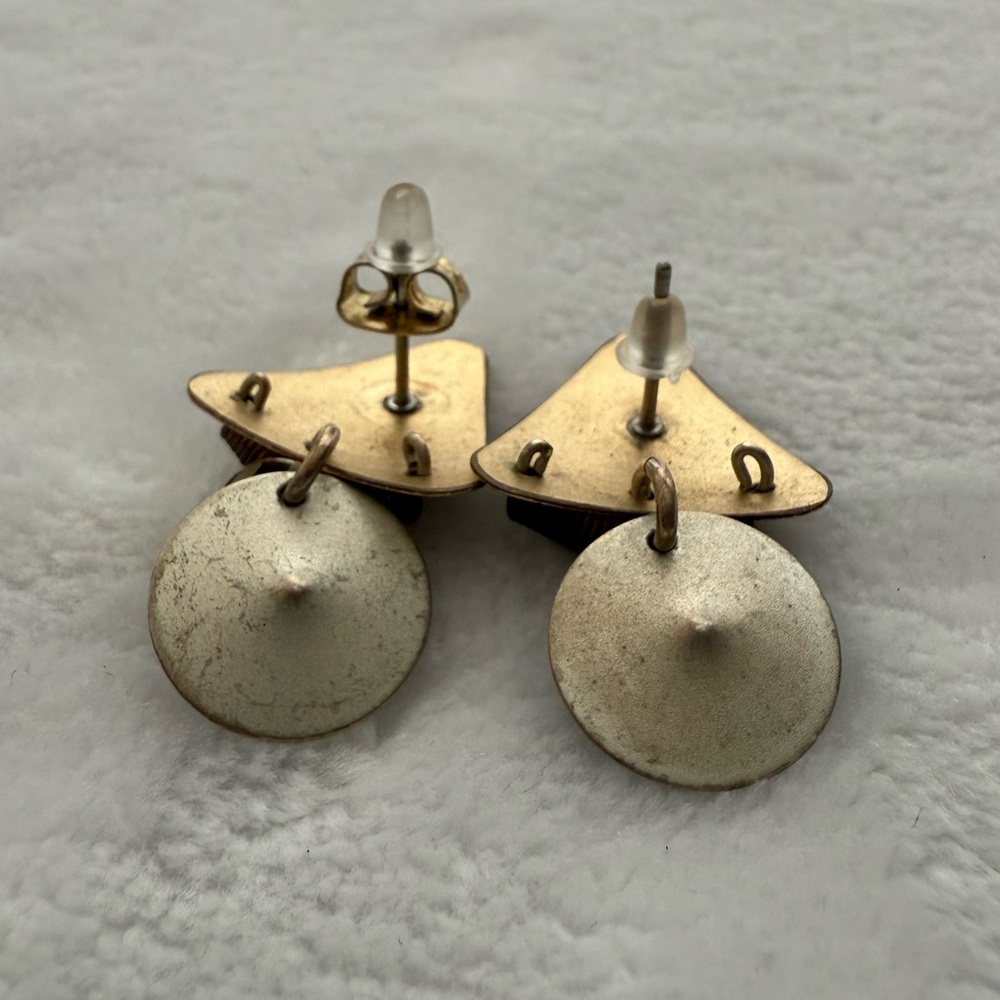 Vintage Geometric Modernist Earrings Mixed Metal Triangle & Circle Dangle - Picture 3 of 3